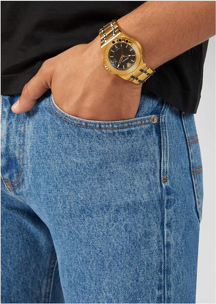 Versace Chain Reaction Quartz Black Dial Two Tone Steel Strap Watch for Men - VEDY00619 Buy Now By Versace