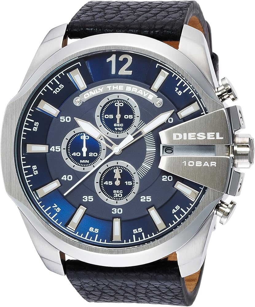 Diesel Mega Chief Chronograph Blue Dial Black Leather Strap Watch For Men - DZ4423 Buy Now By Diesel
