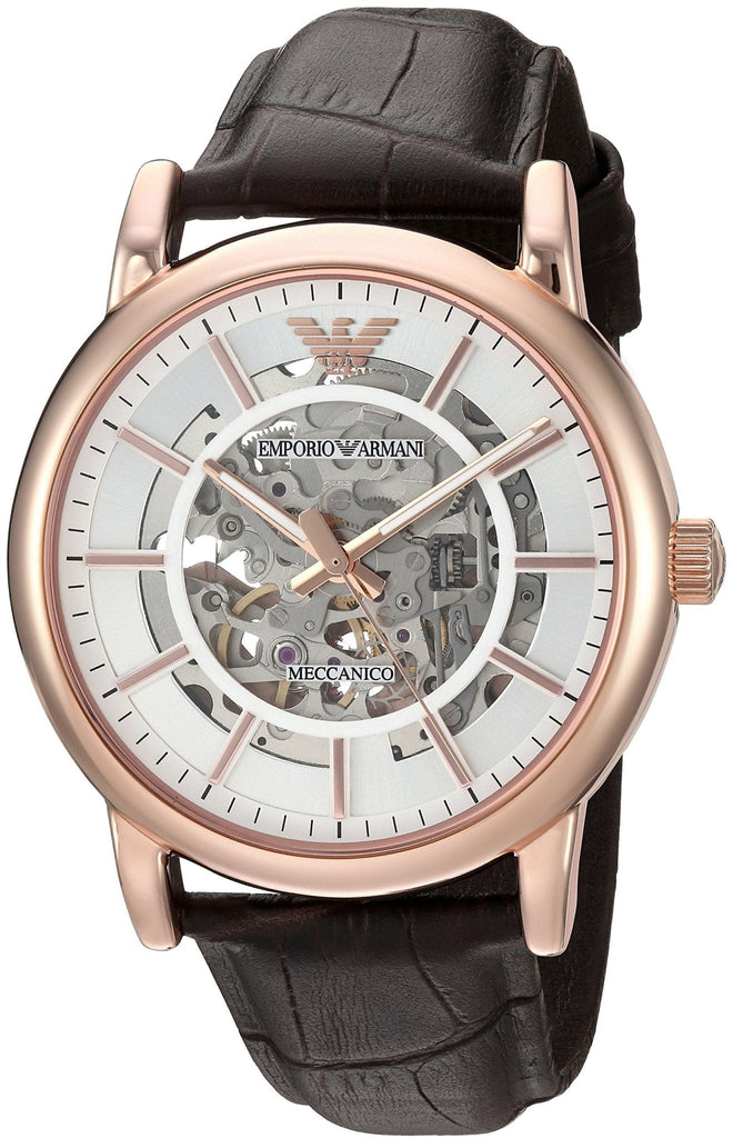 Emporio Armani Meccanico Silver Skeleton Dial Brown Leather Strap Watch For Men - AR1983 Buy Now By Emporio Armani