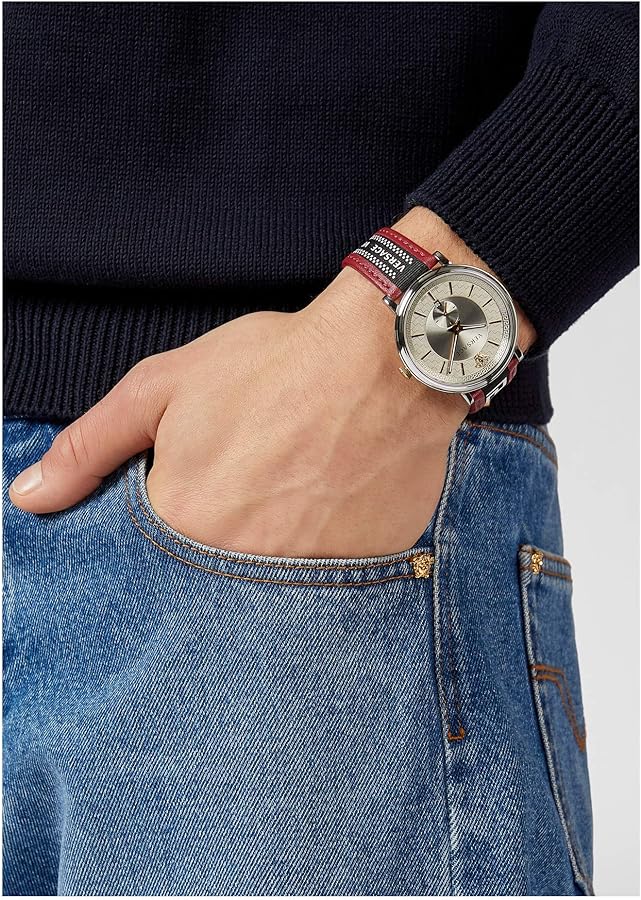 Versace V Circle Silver Dial Two Tone Leather Strap Watch for Men - VEBQ01319 Buy Now By Versace