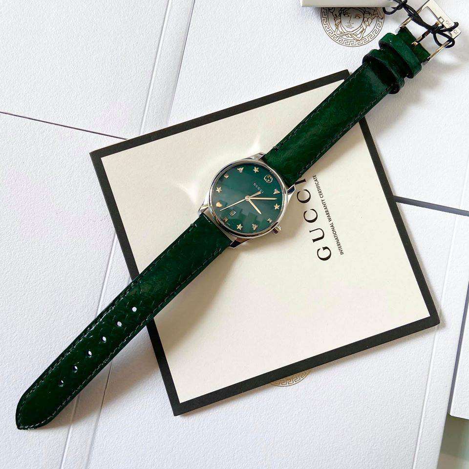 Gucci G-Timeless Green Mother of Pearl Dial Green Leather Strap Watch For Women - YA126585 Buy Now By Gucci