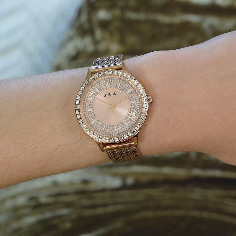 Guess Soiree Diamonds Rose Gold Dial Rose Gold Mesh Bracelet Watch for Women - GW0402L3 Buy Now By Guess