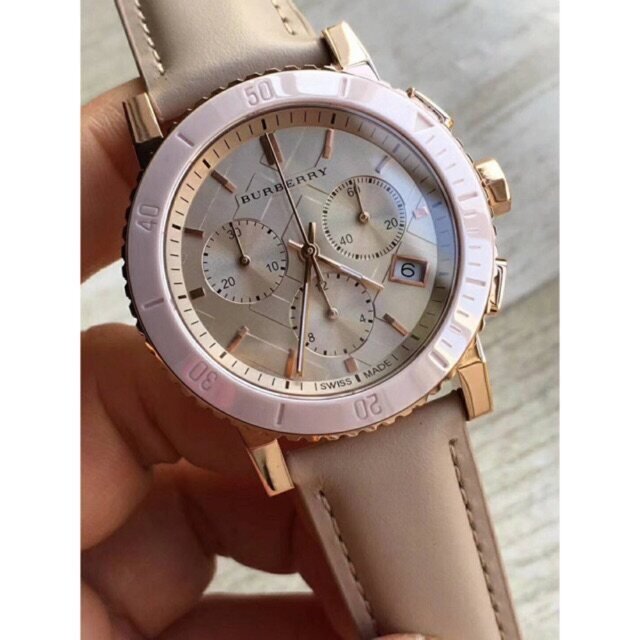 Burberry Chronograph Rose Gold Dial Beige Leather Strap Watch for Women - BU9704 Buy Now By Burberry