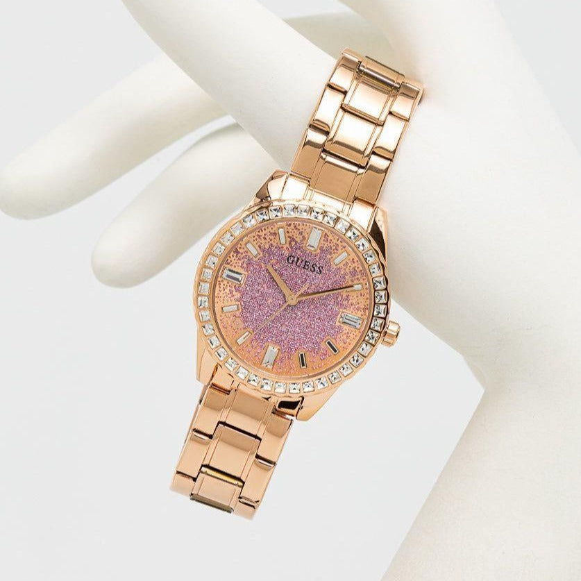 Guess Glitter Diamonds Pink Dial Rose Gold Steel Strap Watch for Women - GW0405L3 Buy Now By Guess