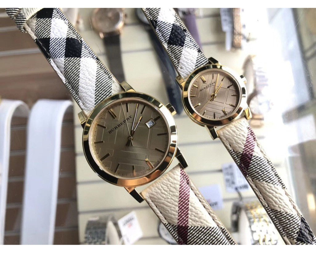 Burberry The City Gold Dial Haymarket Brown Leather Strap Watch for Women - BU9026 Buy Now By Burberry