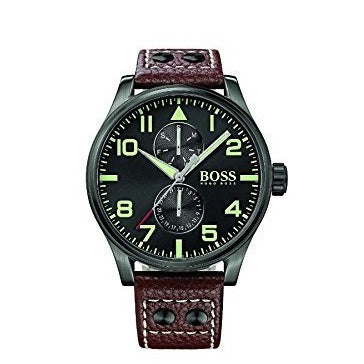 Hugo Boss Aeroliner Day Date Black Dial Brown Leather Strap Watch For Men - HB1513079 Buy Now By Hugo Boss