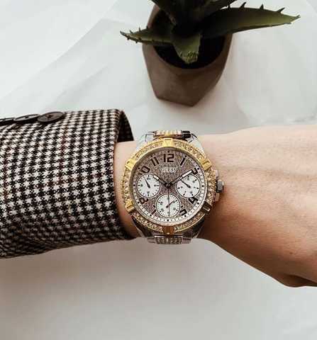 Guess Frontier Chronograph Crystals Gold Dial Two Tone Steel Strap Watch For Women - W1156L5 Buy Now By Guess