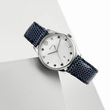 Gucci G-Timeless Signature Mother of Pearl Silver Dial Blue Leather Strap Watch For Women - YA1264049 Buy Now By Gucci