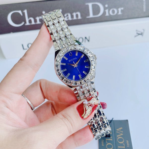 Bulova Phantom Baguette Crystal Blue Dial Silver Steel Strap Watch for Men - 96A254 Buy Now By Bulova