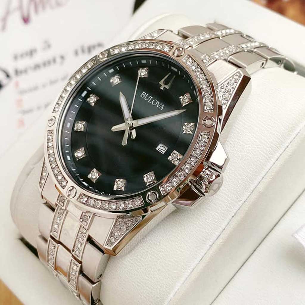 Bulova Crystal Collection Black Dial Silver Steel Strap Watch for Men - 96K104 Buy Now By Bulova