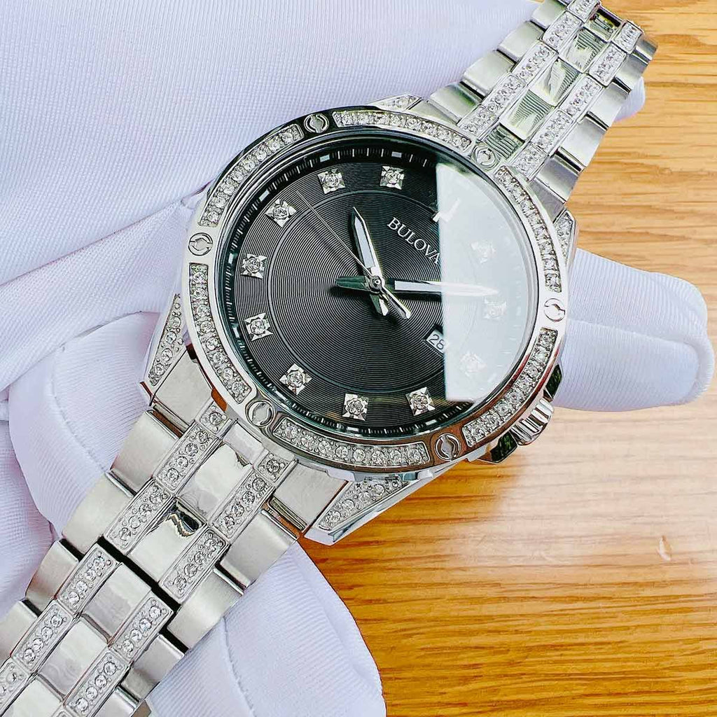 Bulova Crystal Collection Black Dial Silver Steel Strap Watch for Men - 96K104 Buy Now By Bulova