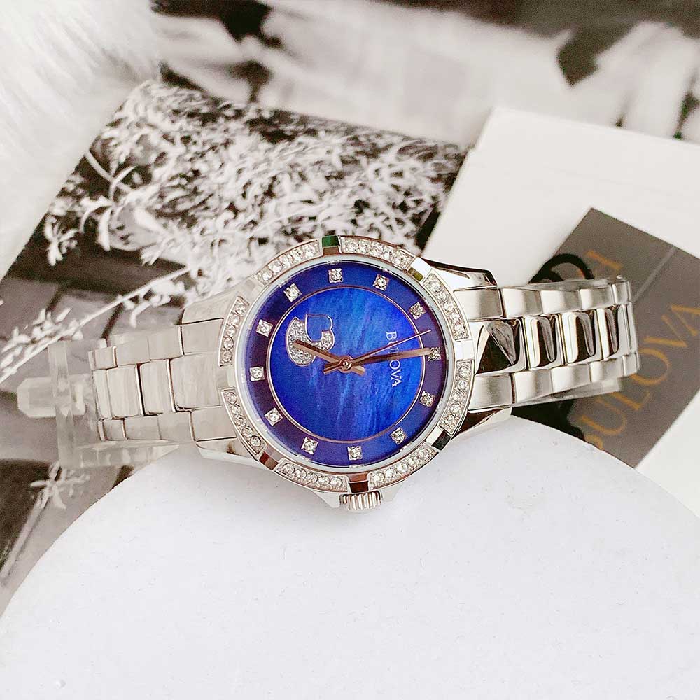 Bulova Crystal Collection Blue Mother of Pearl Dial Silver Steel Strap Watch for Women - 96L238 Buy Now By Bulova