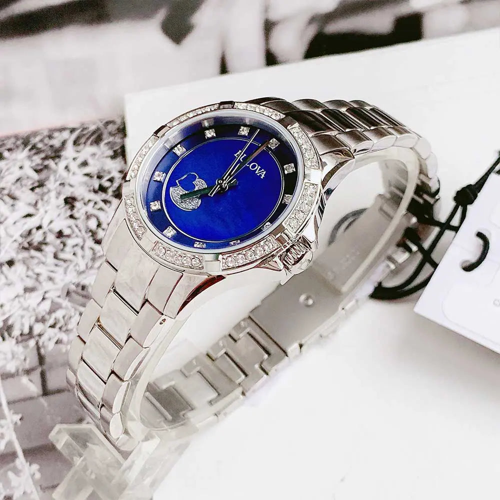 Bulova Crystal Collection Blue Mother of Pearl Dial Silver Steel Strap Watch for Women - 96L238 Buy Now By Bulova