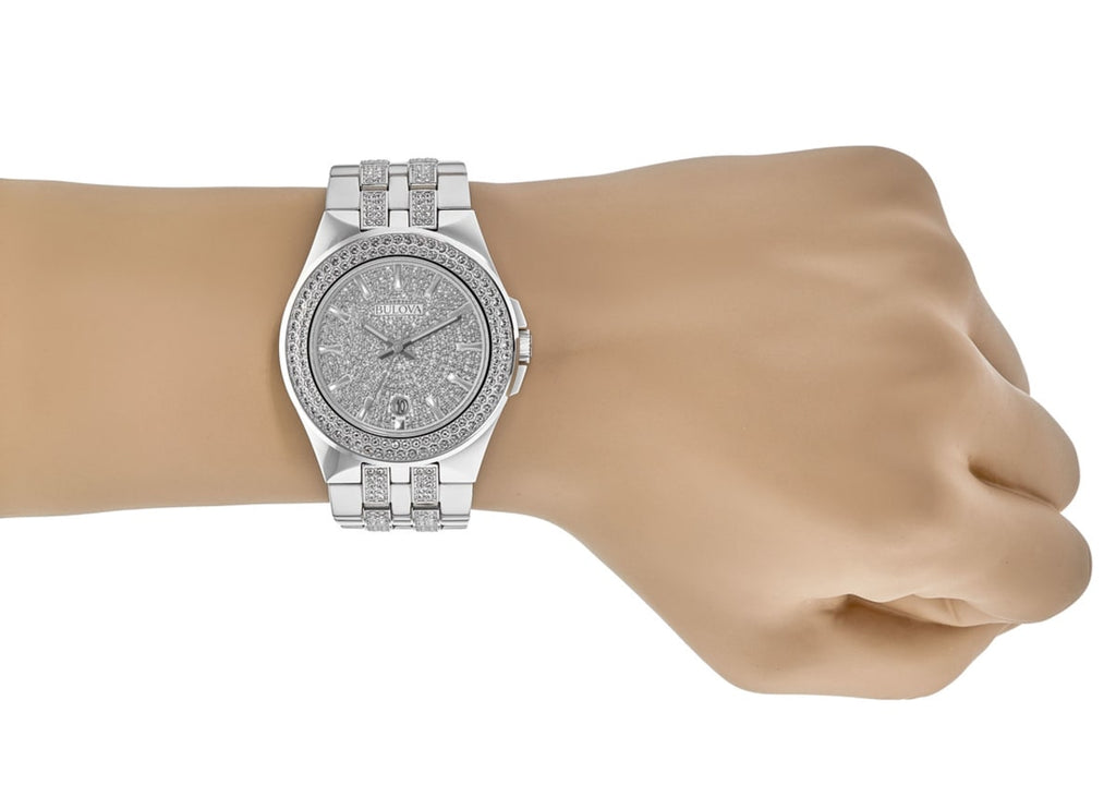 Bulova Crystal Pave Silver Dial Silver Steel Strap Watch for Men - 96B235 Buy Now By Bulova