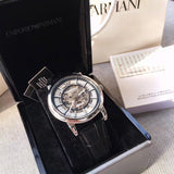 Emporio Armani Luigi Silver Skeleton Dial Black Leather Strap Watch For Men - AR1981 Buy Now By Emporio Armani