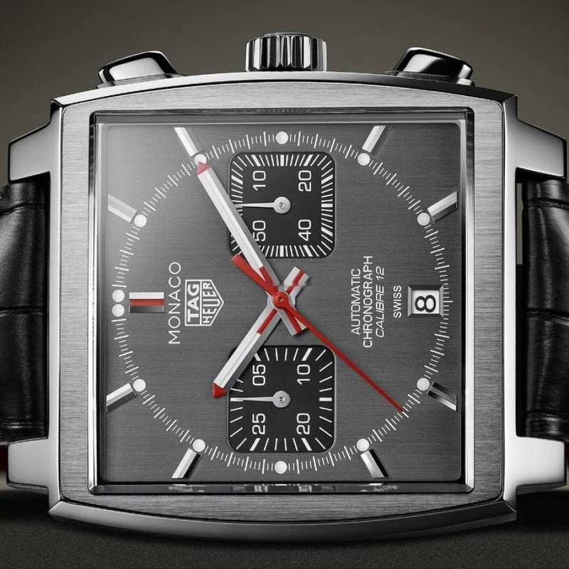 Tag Heuer Monaco Calibre 12 Final Edition Chronograph Grey Dial Black Leather Strap Watch for Men - CAW211J.FC6476