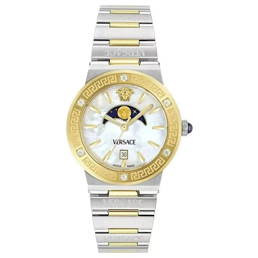 Versace Greca Logo Moonphase Mother of Pearl Dial Two Tone Steel Strap Watch for Women - VE7G00524 Buy Now By Versace
