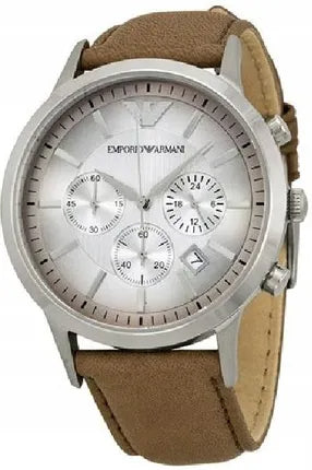 Emporio Armani Classic Chronograph Silver Dial Brown Leather Strap Watch For Men - AR2471 Buy Now By Emporio Armani