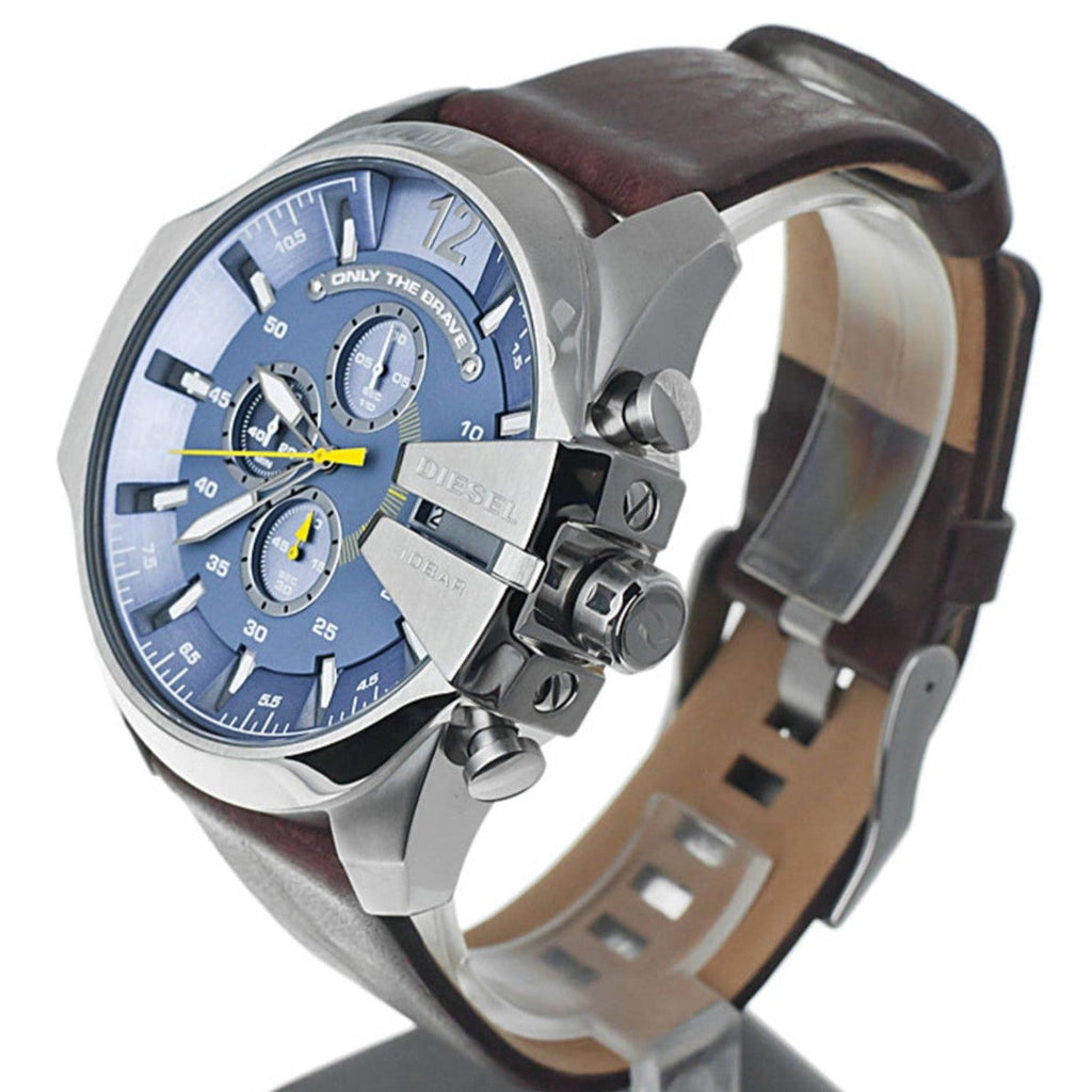 Diesel Mega Chief Chronograph Blue Dial Brown Leather Strap Watch For Men - DZ4281 Buy Now By Diesel