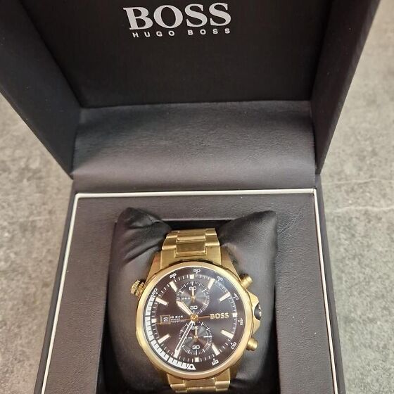 Hugo Boss Globetrotter Chronograph Black Dial Gold Steel Strap Watch for Men - 1513932 Buy Now By Hugo Boss