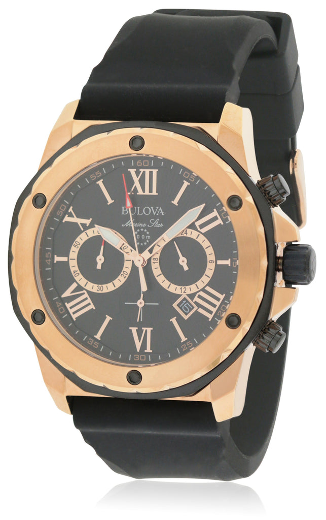 Bulova Marine Star Chronograph Black Dial Black Rubber Strap Watch for Men - 98B104 Buy Now By Bulova
