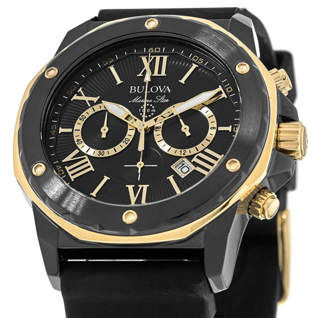 Bulova Marine Star Chronograph Black Dial Black Rubber Strap Watch for Men - 98B278 Buy Now By Bulova