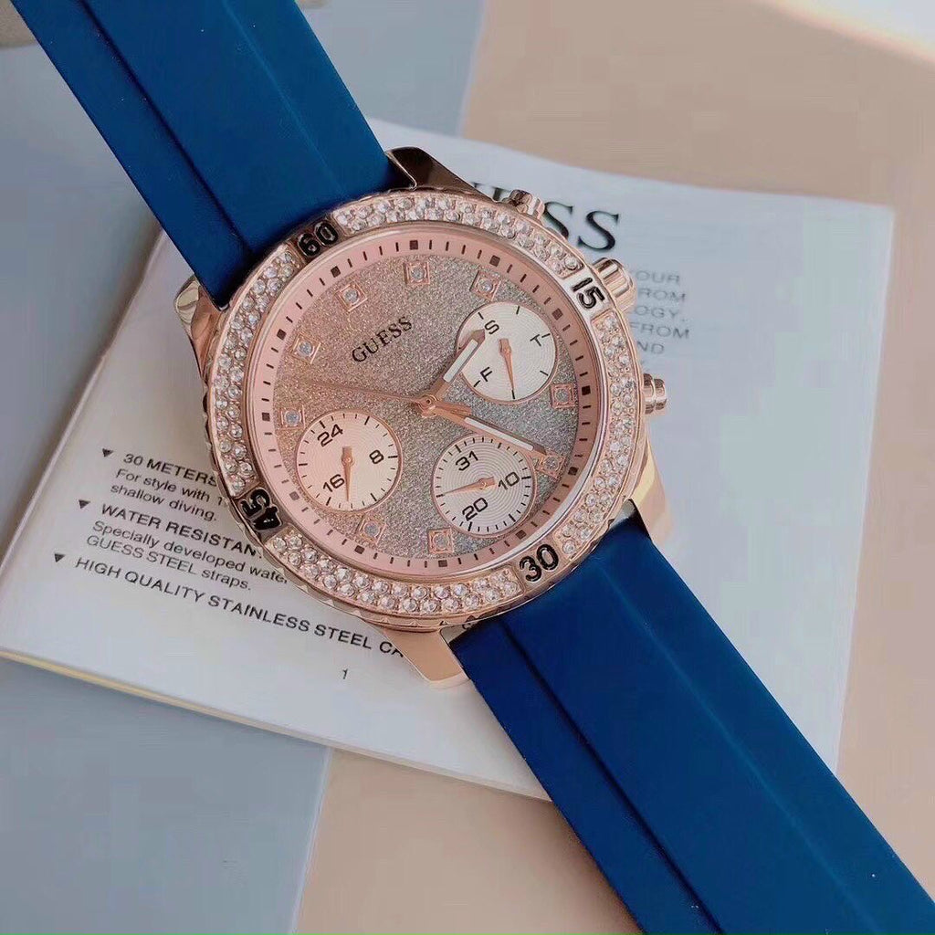 Guess Confetti Diamonds Gold Dial Blue Rubber Strap Watch For Women - W1098L6 Buy Now By Guess