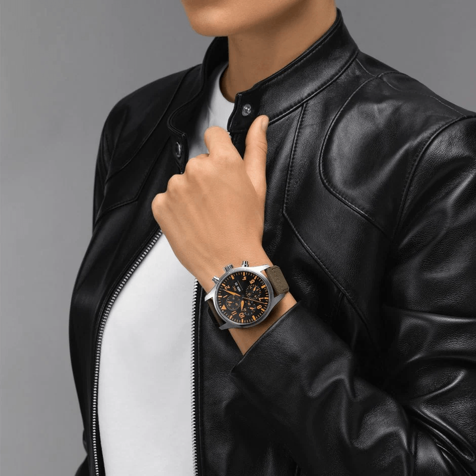 IWC Pilot's Watch Chronograph Black Dial Olive Green Calfskin Strap Watch for Men - IW377730 Buy Now By IWC