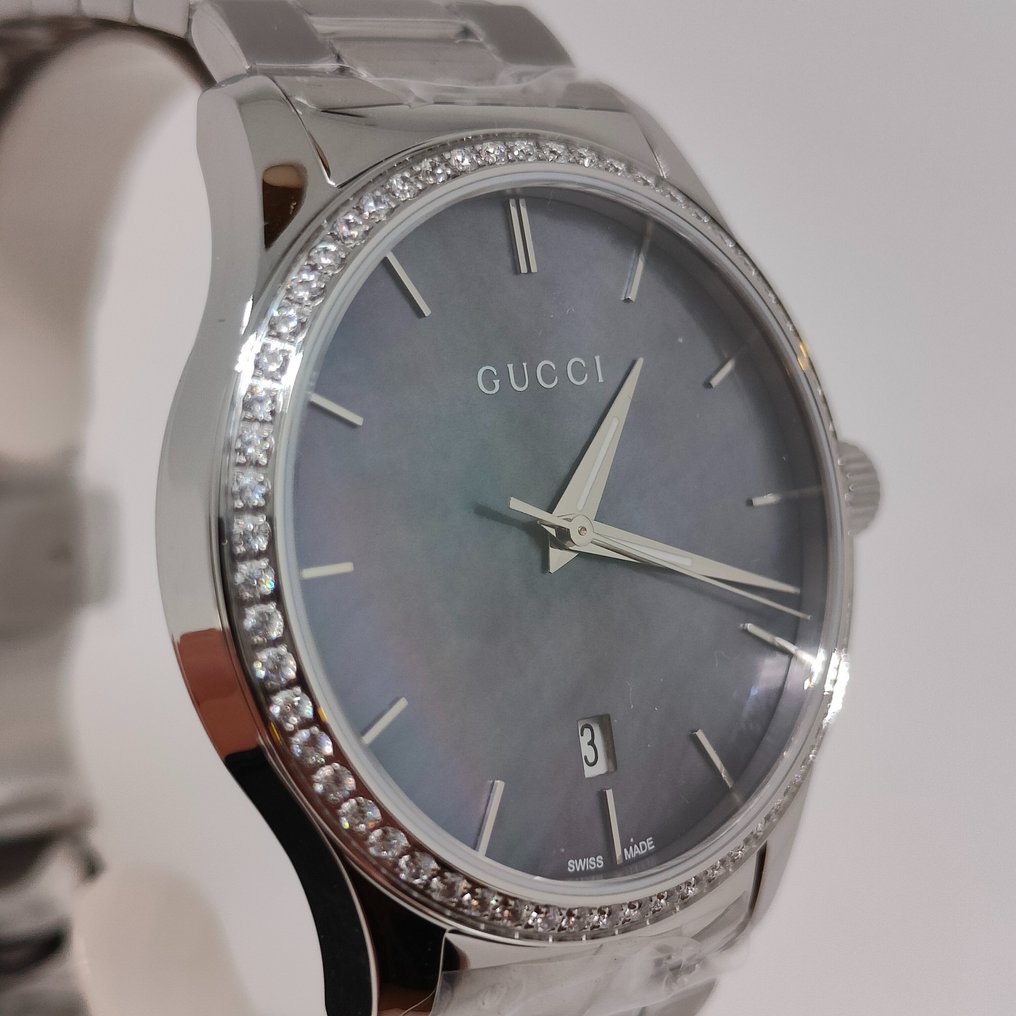Gucci G Timeless Diamonds Mother of Pearl Blue Dial Silver Steel Strap Unisex Watch - YA126458 Buy Now By Gucci