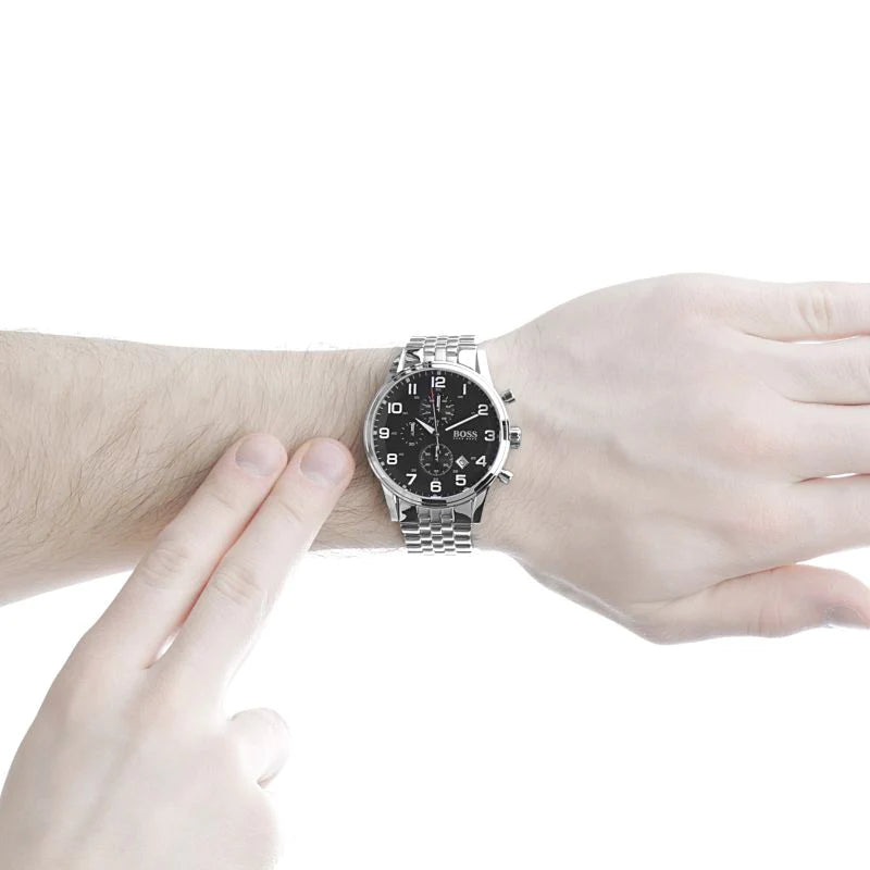 Hugo Boss Aeroliner Chronograph Quartz Black Dial Silver Steel Strap Watch For Men - HB1512446 Buy Now By Hugo Boss