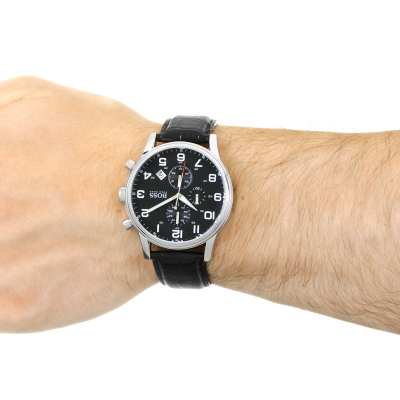Hugo Boss Aeroliner Chronograph Quartz Black Dial Black Leather Strap Watch For Men - HB1512448 Buy Now By Hugo Boss