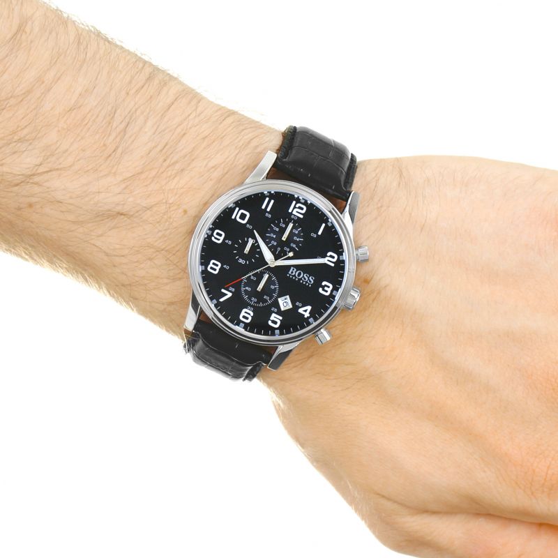 Hugo Boss Aeroliner Chronograph Quartz Black Dial Black Leather Strap Watch For Men - HB1512448 Buy Now By Hugo Boss