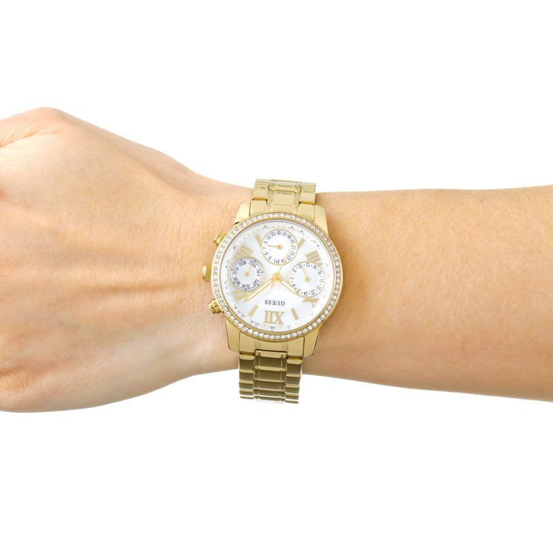 Guess Mini Sunrise Diamonds Silver Dial Gold Steel Strap Watch for Women - W0623L3 Buy Now By Guess
