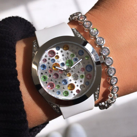 Guess Wanderlust Crystals Silver Dial White Rubber Strap Watch For Women - W1059L3 Buy Now By Guess