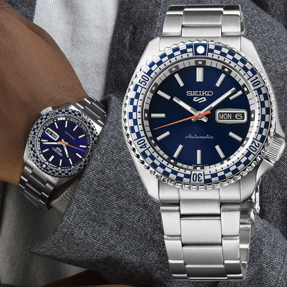 Seiko 5 Sports Petrol Blue Checker Flag Special Edition Blue Dial Silver Steel Strap Watch For Men - SRPK65K1 Buy Now By Seiko