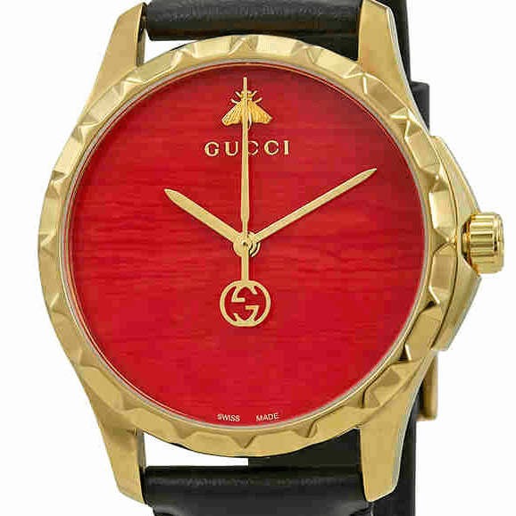 Gucci G Timeless Coral Red Dial Black Leather Strap Watch For Men - YA126464 Buy Now By Gucci