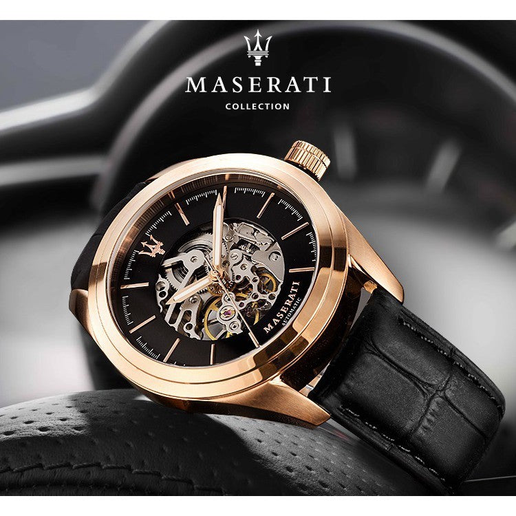 Maserati Traguardo Automatic Black Skeleton Dial Black Leather Strap Watch For Men - R8821112001 Buy Now By Maserati