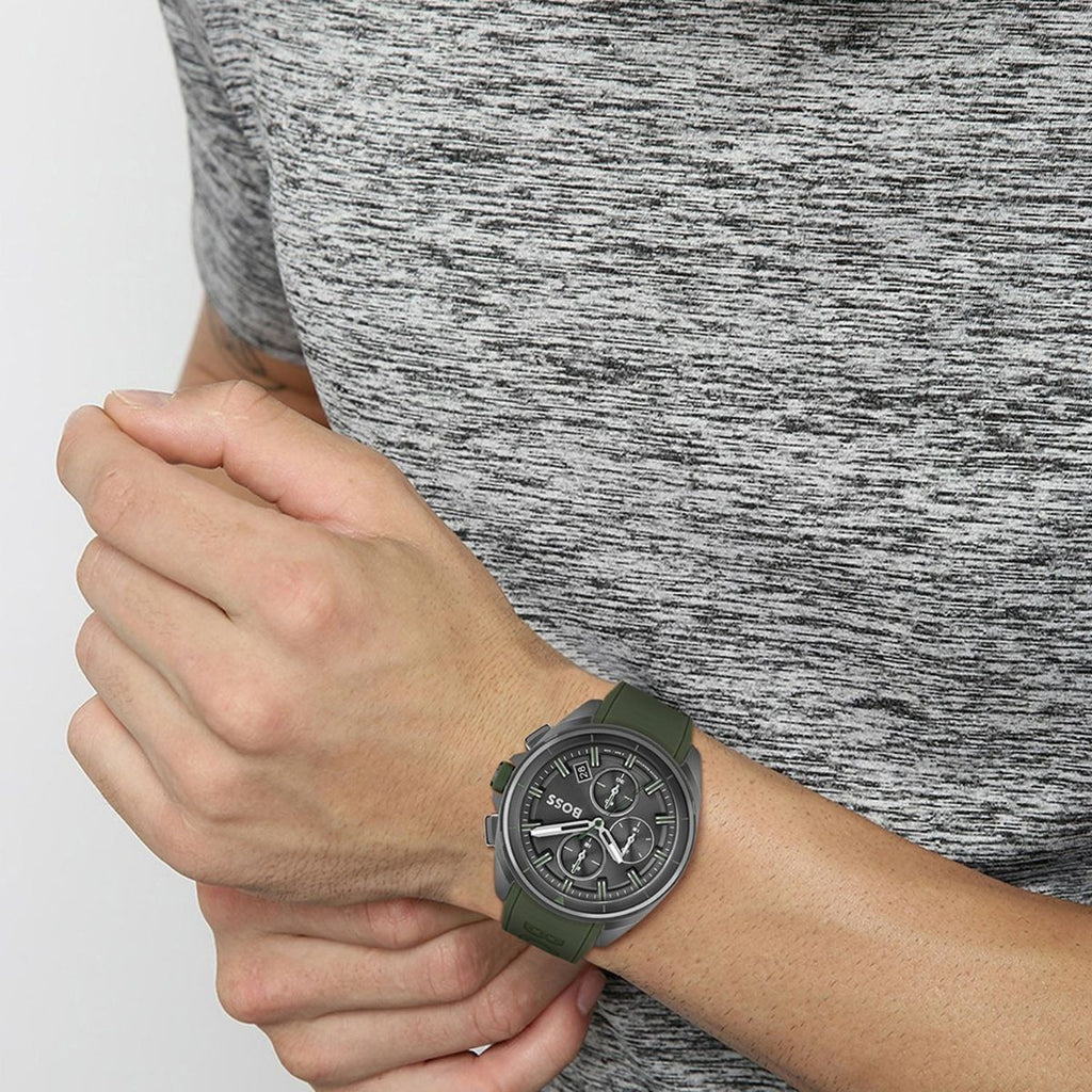 Hugo Boss Volane Chronograph Grey Dial Green Rubber Strap Watch For Men - 1513952 Buy Now By Hugo Boss