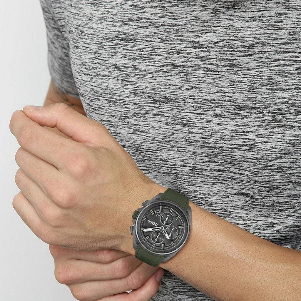 Hugo Boss Volane Chronograph Grey Dial Green Rubber Strap Watch For Men - 1513952 Buy Now By Hugo Boss