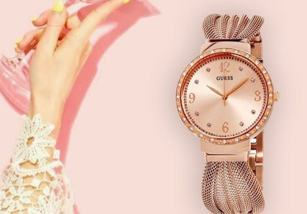 Guess Chiffon Rose Gold Dial Mesh Bracelet Watch For Women - W1083L3 Buy Now By Guess