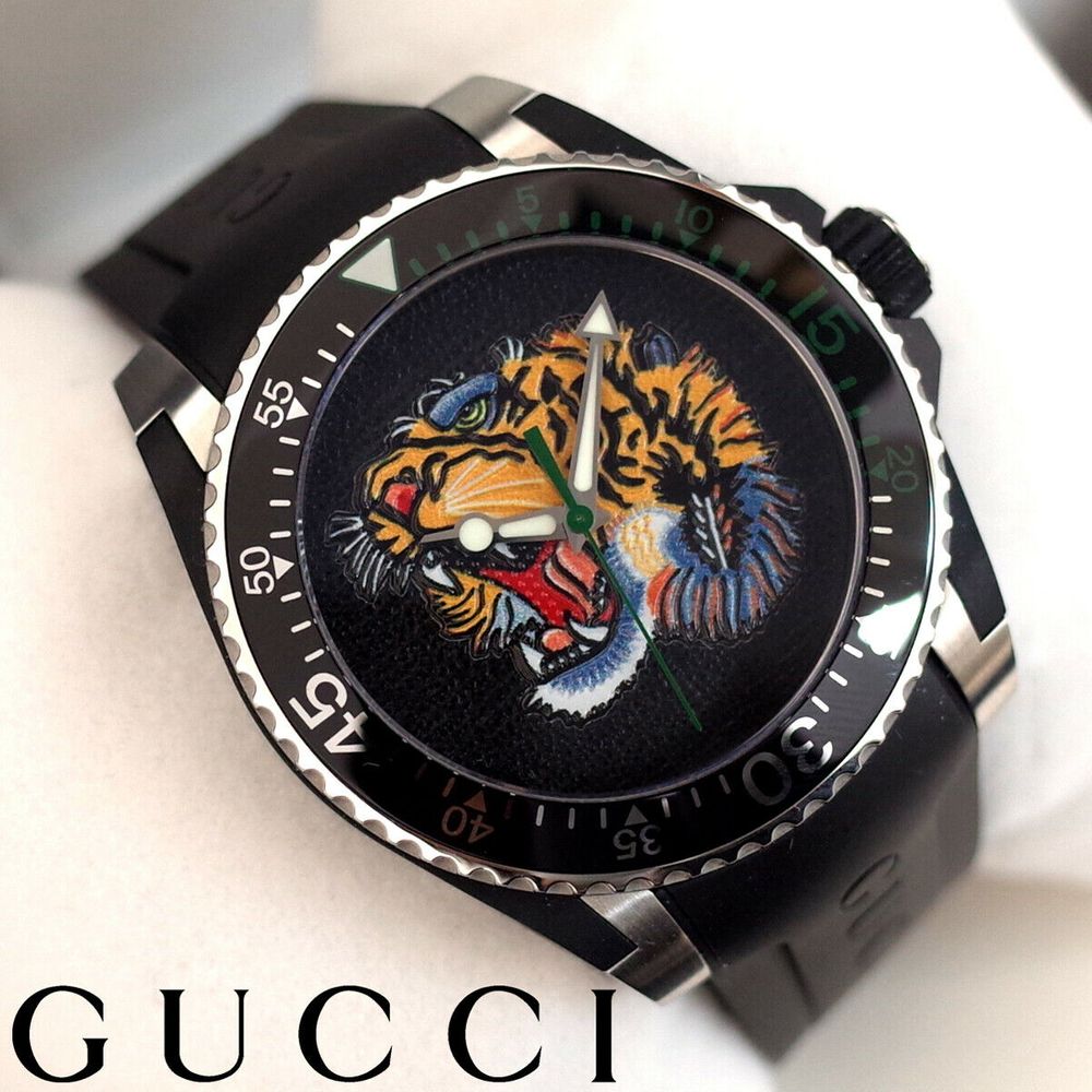 Gucci Dive Tiger Black Dial Black Rubber Strap Watch For Men - YA136318 Buy Now By Gucci
