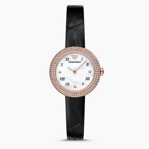 Emporio Armani Rosa Quartz Mother Of Pearl White Dial Black Leather Strap Watch For Women - AR11356 Buy Now By Emporio Armani