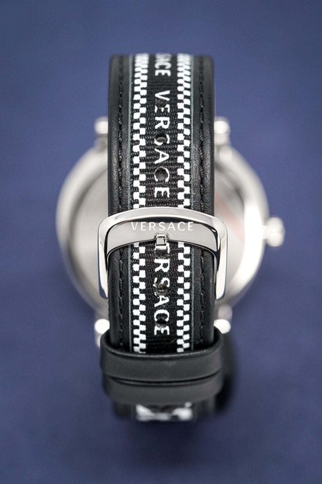 Versace V-Circle Silver Dial Black Leather Strap Watch for Men - VEBQ01219 Buy Now By Versace