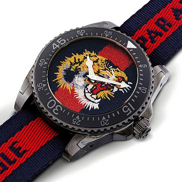 Gucci Dive Tiger Blue and Red Dial Blue Red Blue Nylon Strap Watch For Men - YA136215 Buy Now By Gucci