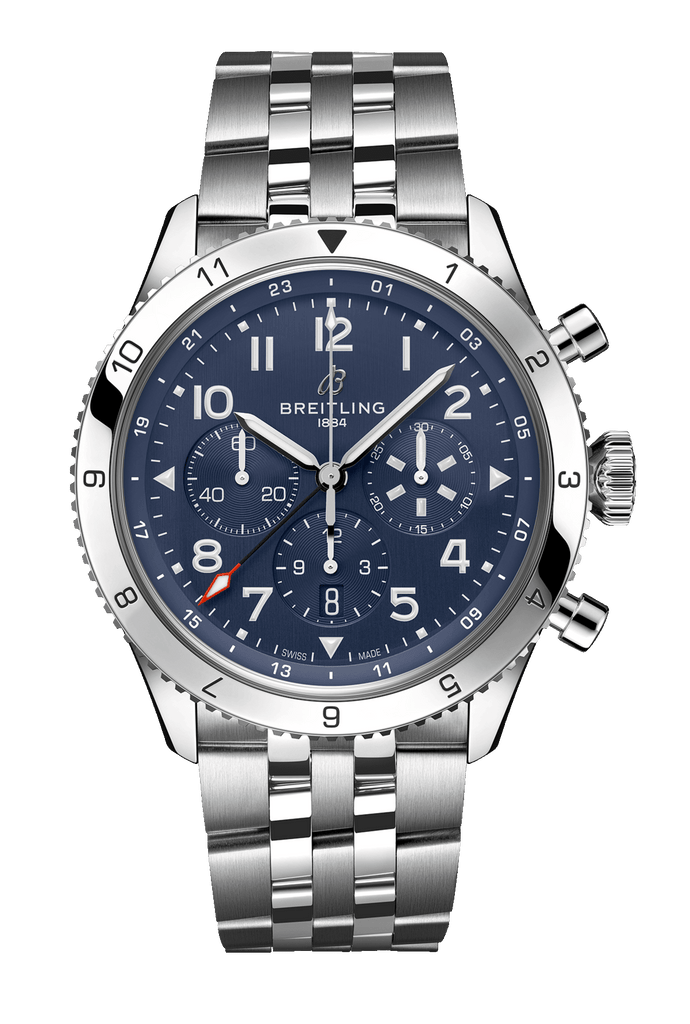 Breitling Super Avi B04 Chronograph GMT 46 Tribute to Vought F4U Corsair Blue Dial Silver Steel Strap Watch for Men - AB04451A1C1A1 Buy Now By Breitling