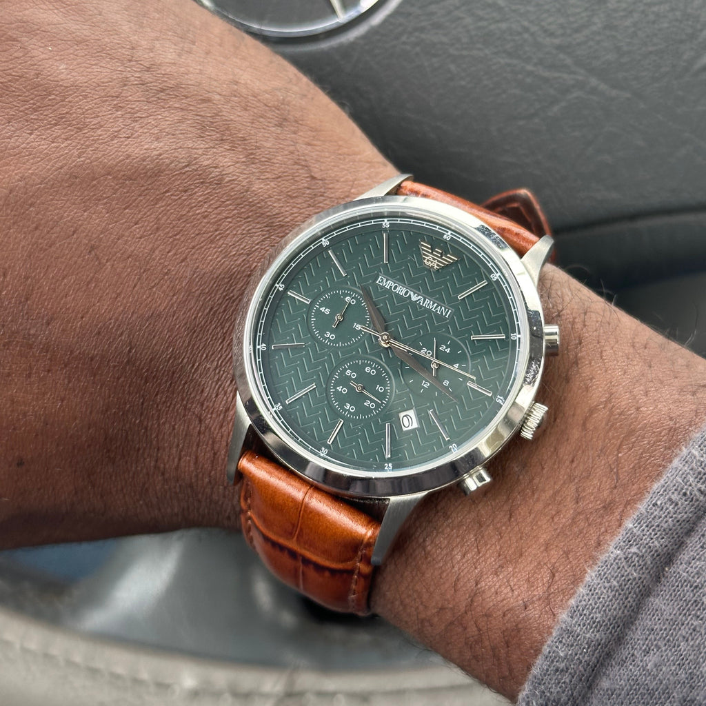 Emporio Armani Renato Chronograph Green Dial Brown Leather Strap Watch For Men - AR2493 Buy Now By Emporio Armani