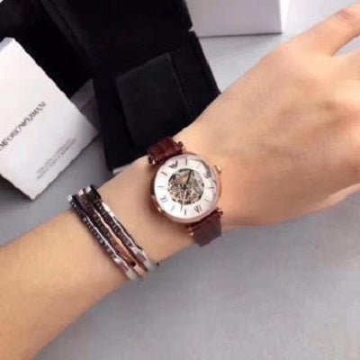 Emporio Armani Meccanico Skeleton Mother of Pearl Dial Brown Leather Strap Watch For Women - AR1993 Buy Now By Emporio Armani
