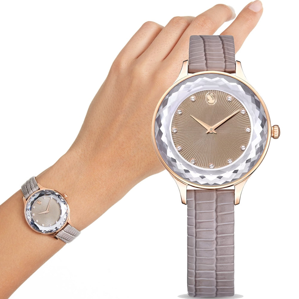 Swarovski Octea Nova Beige Dial Grey Leather Strap Watch for Women - 5649999 Buy Now By Swarovski