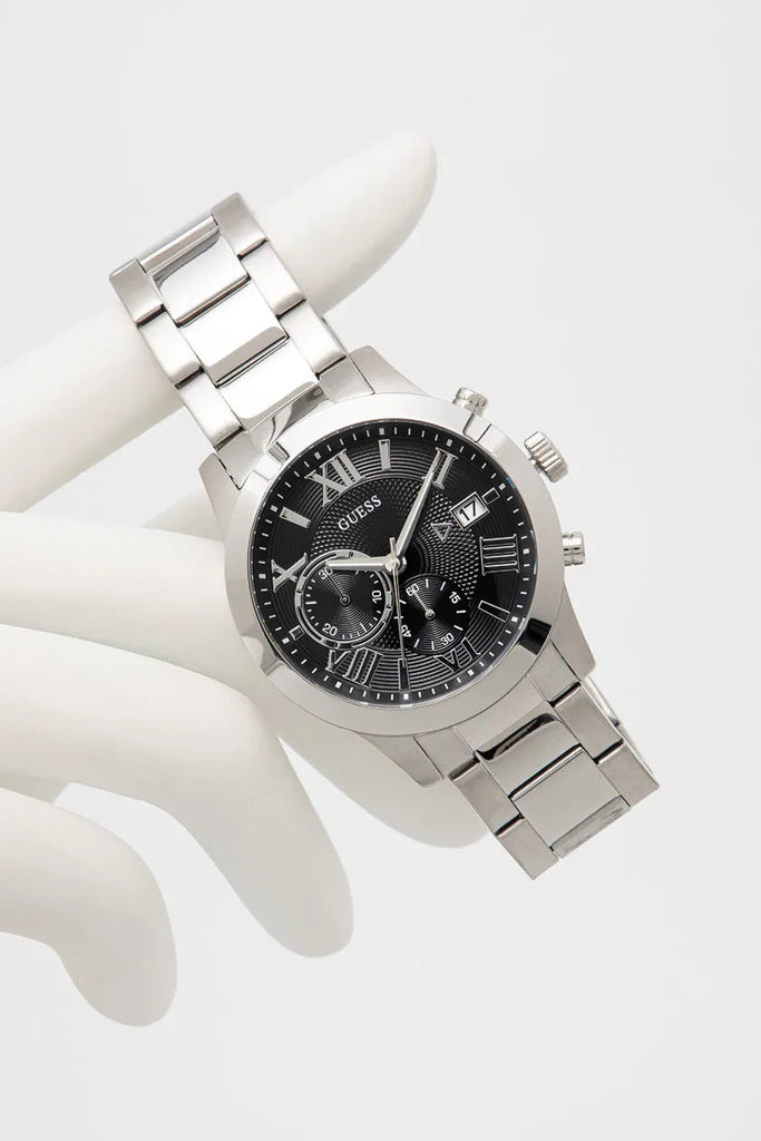 Guess Atlas Chronograph Black Dial Silver Steel Strap Watch For Men - W0668G3 Buy Now By Guess