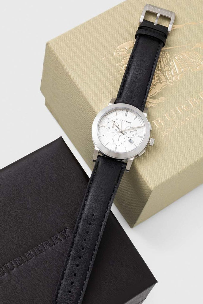 Burberry The City Chronograph White Dial Black Leather Strap Watch for Men - BU9355 Buy Now By Burberry
